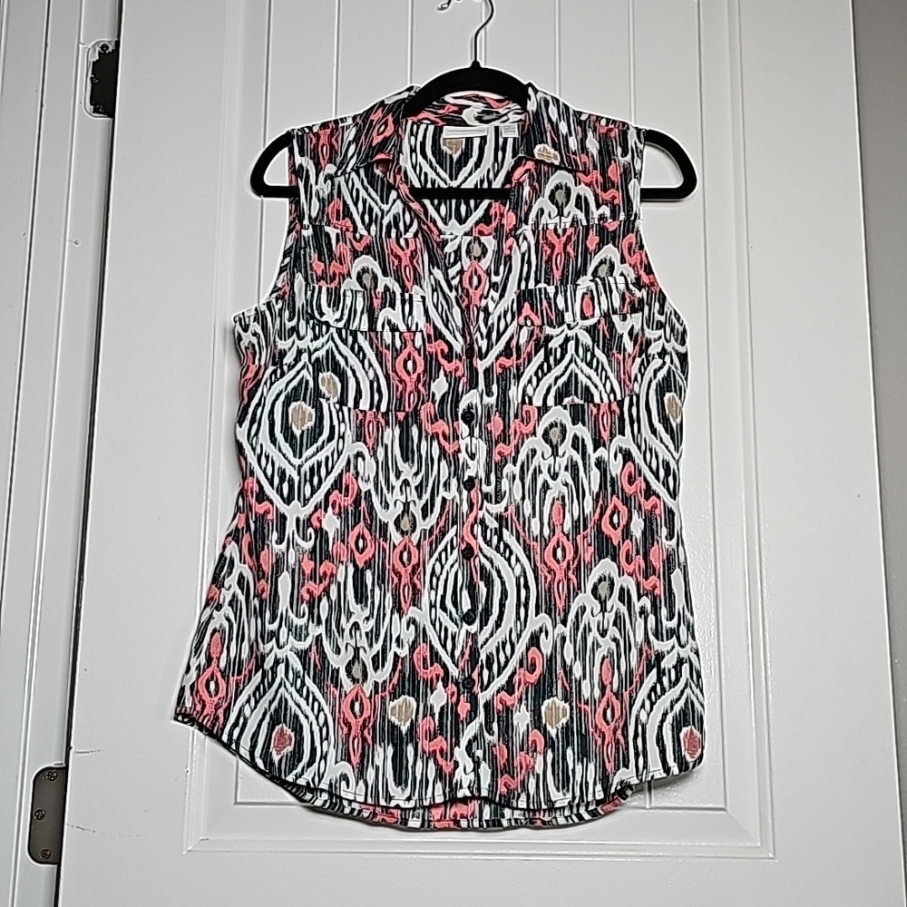 Vintage NY&Co M button down tank blouse- blue/coral/white